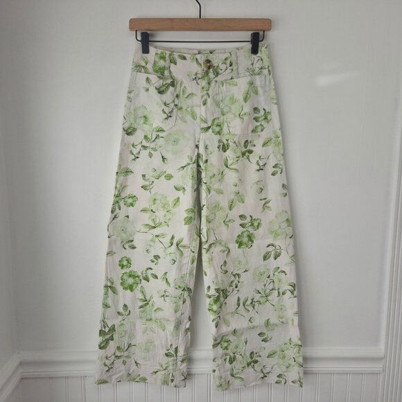 Maeve Anthropologie The Colette Linen Blend Green Floral Trousers Pants 25 - Picture 2 of 9